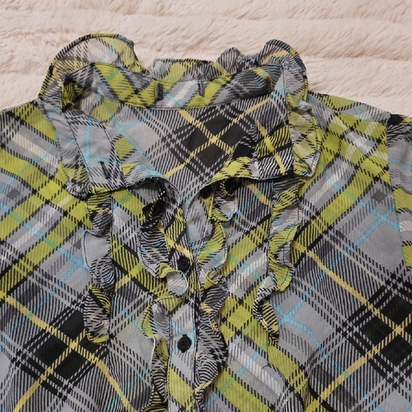 Plaid Ruffle Button-Front Top - Green/Blue/Black - Picture 3 of 9